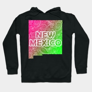 Colorful mandala art map of New Mexico with text in pink and green Hoodie